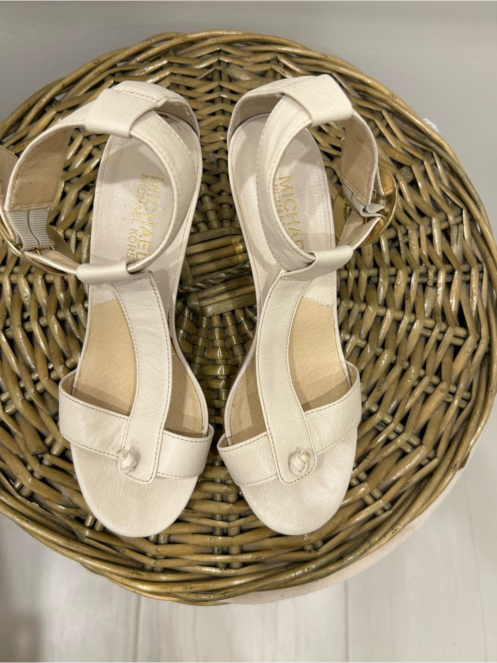 Michael Kors bone leather sandals with gold hardware. Size 6